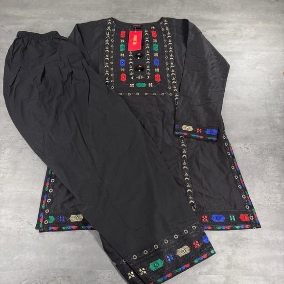 Rang Ja Pants - Rang Ja Tunic Pant Set Womens M Black Embroidered Ethnic 2-Piece NEW Pakistani